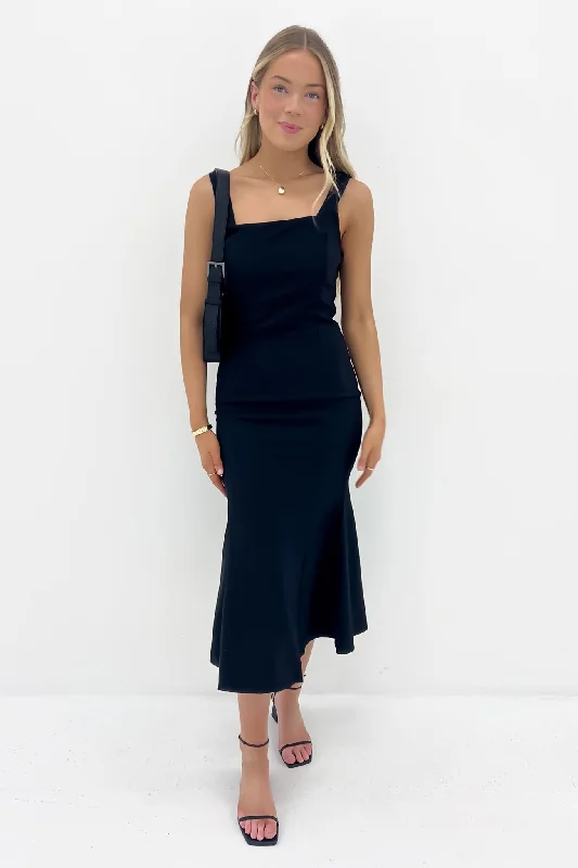 Katelyn Midi Dress Black Trendy Tiered Hem Midi Dress