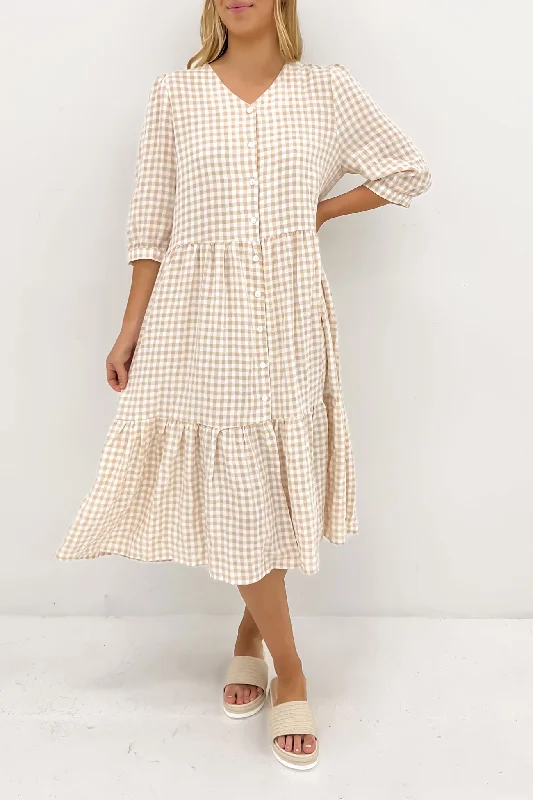 Kaylah Midi Dress Latte Gingham Fashionable Chiffon Midi Dress