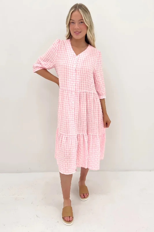 Kaylah Midi Dress Pink Gingham Comfortable Empire Waist Midi Dress