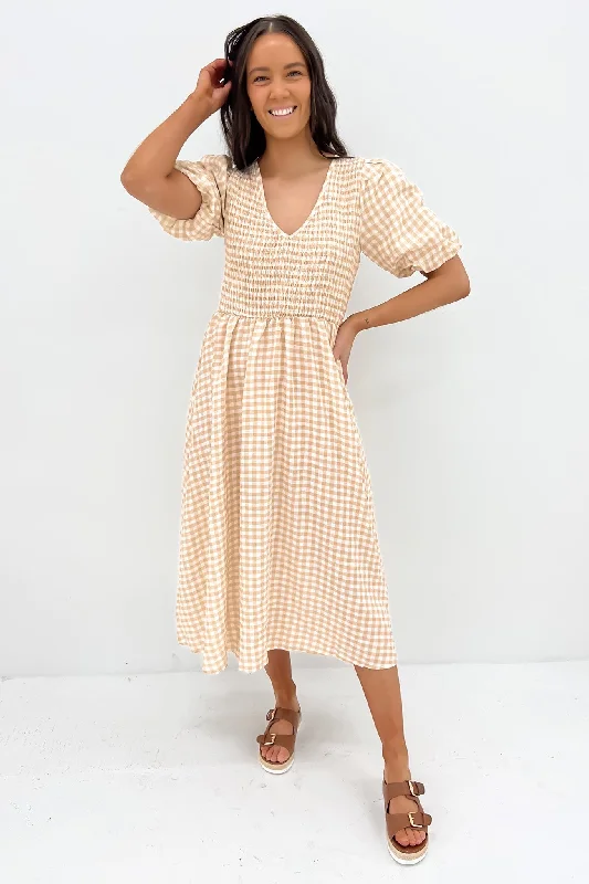 Keisha Midi Dress Beige Gingham Fashionable Pleated Midi Dress