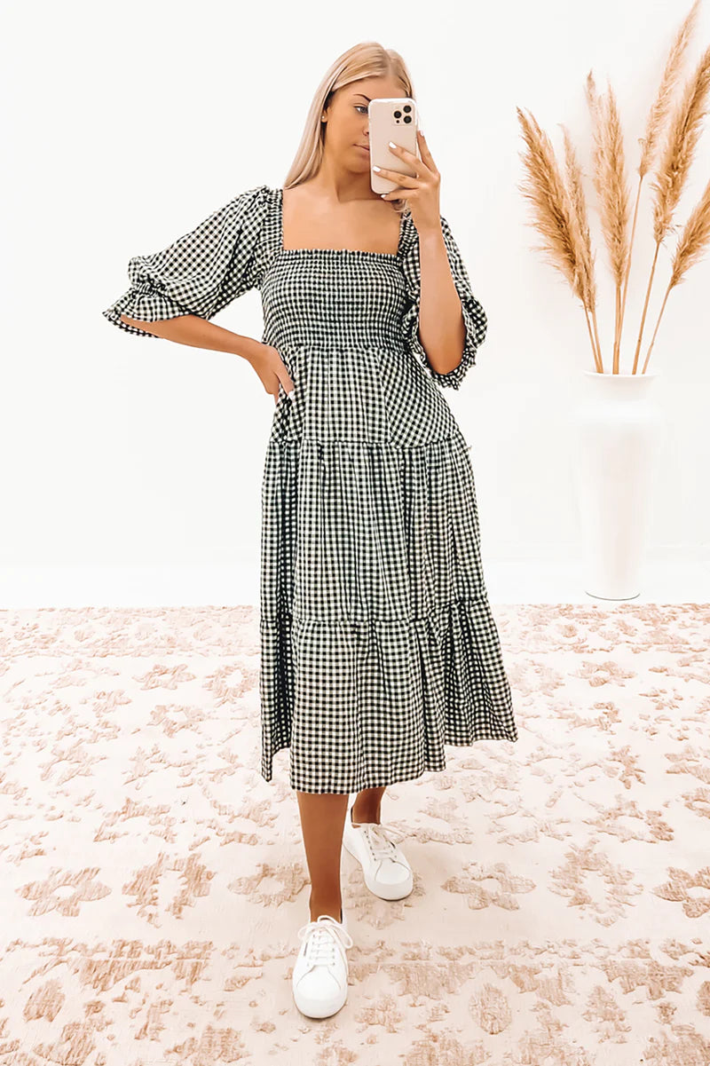 Kelsey Midi Dress Black Check Elegant Satin Button Midi Dress