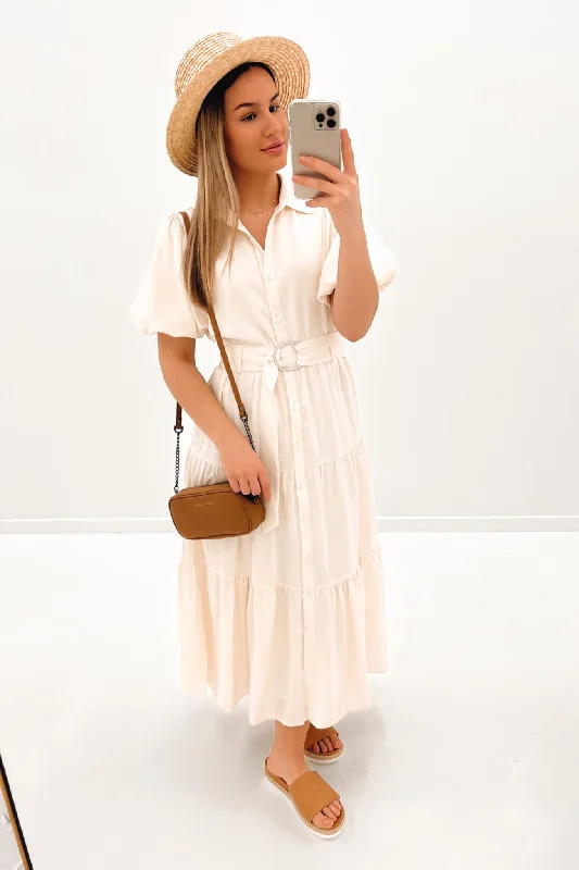 Kyzer Midi Dress Cream Stylish Off-Shoulder Ruffle Dress