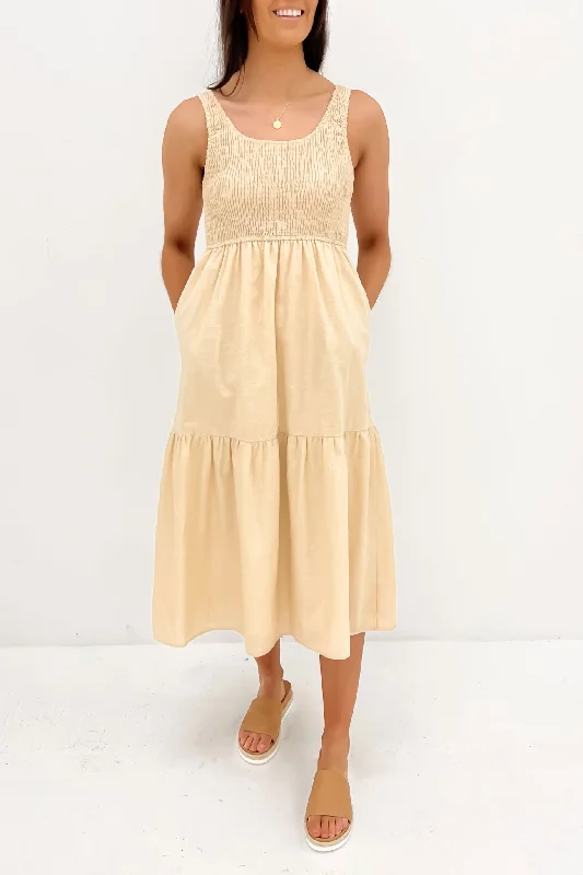 Lenni Midi Dress Beige Comfortable Deep V Midi Dress