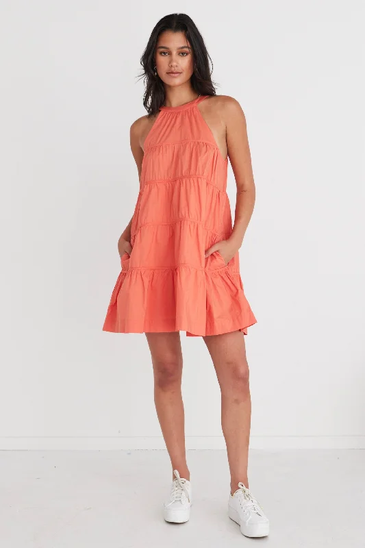 Levitate Watermelon High Neck Tiered Mini Dress Fashionable Mini Dress with Pockets