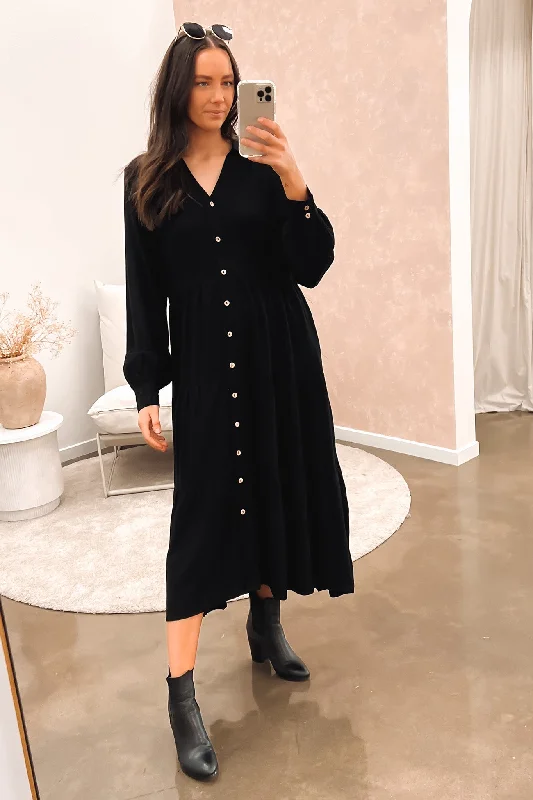 Little Paradise Long Sleeve Midi Dress Black Fashionable Shift Midi Dress