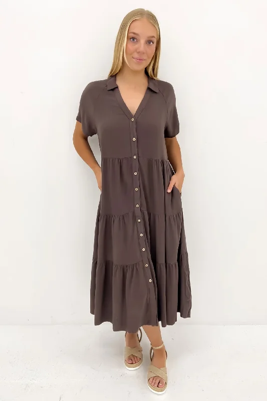 Little Paradise Midi Dress Brown Elegant Lace Trim Midi Dress