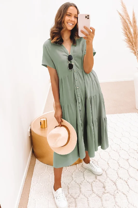 Little Paradise Midi Dress Sage Trendy Flared Sleeve Midi Dress