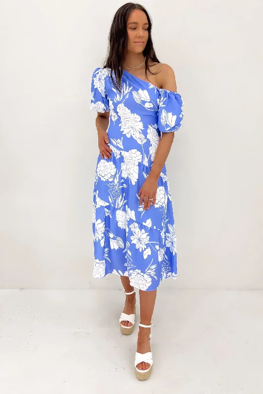 Luisa Midi Dress Blue White Trendy Off-Shoulder Button Midi Dress