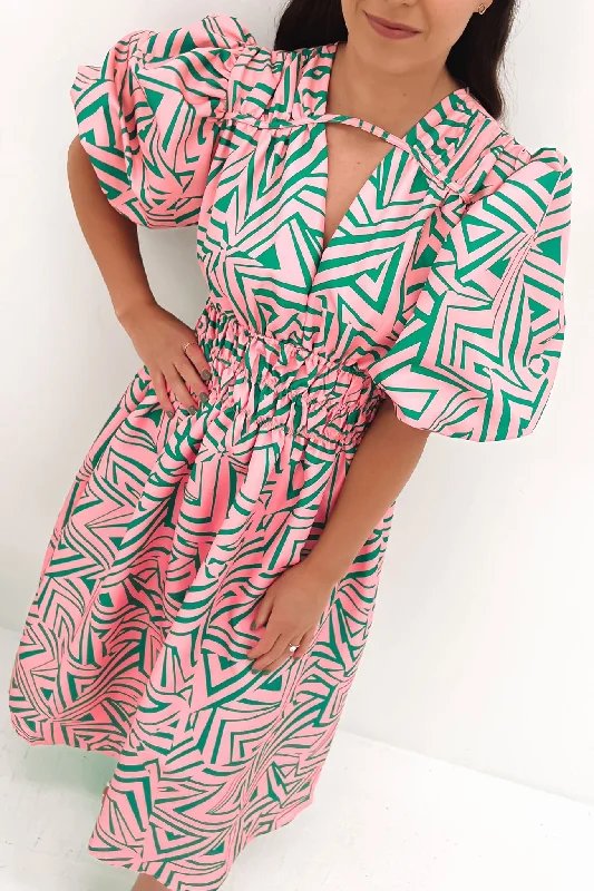 Madison Midi Dress Pink Green Trendy Smocked Detail Midi Dress
