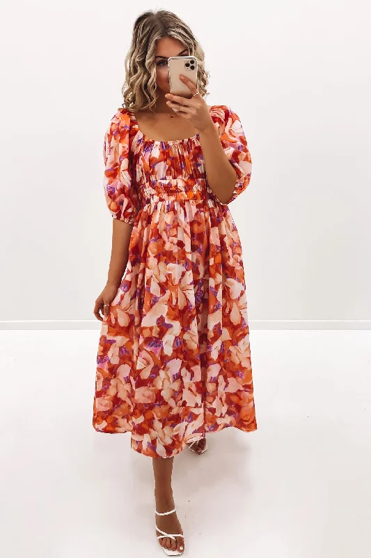 Mael Midi Dress Red Multi Chic Floral Print Midi Dress
