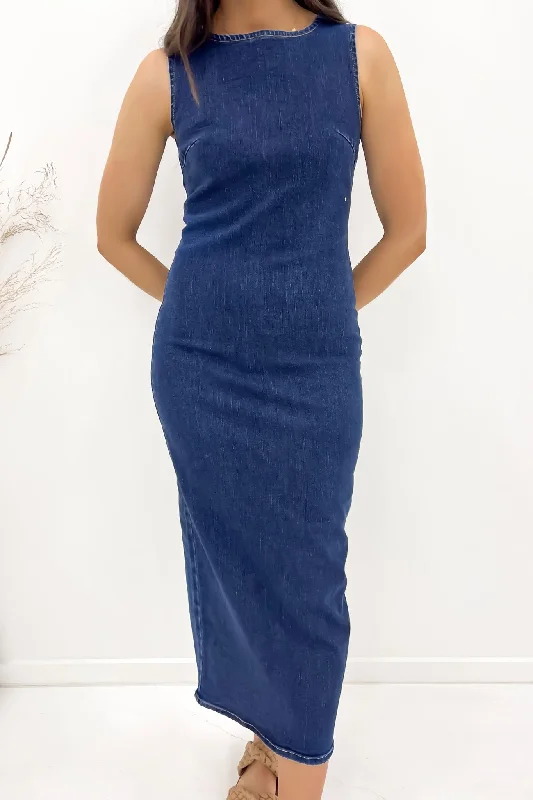 Maiya Denim Midi Dress Indigo Cozy Knit Midi Dress