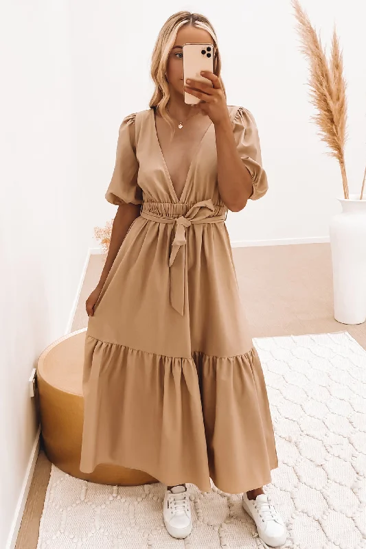 Milani Midi Dress Tan Elegant Sleeveless Midi Dress