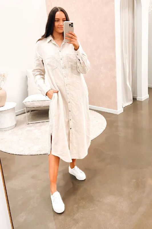 Miranda Midi Dress Beige Stylish Color Block Midi Dress