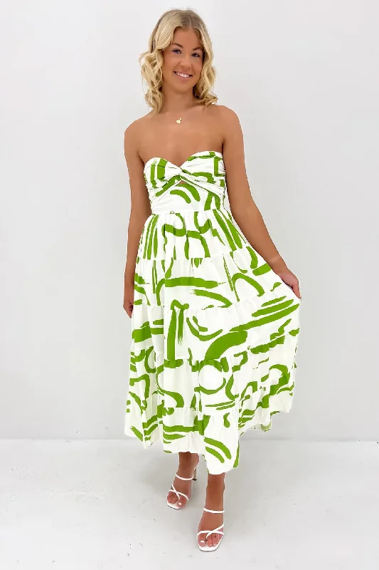 Nakiyah Midi Dress Cream Green Trendy Mock Neck Midi Dress