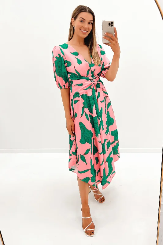 Nony Midi Dress Pink Green Elegant Faux Wrap Midi Dress