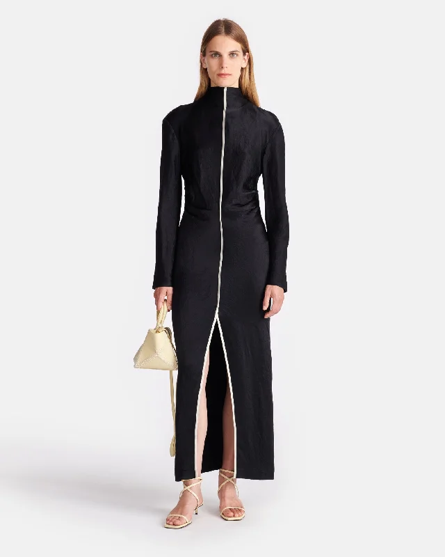 Cosett - Draped Crinkled-Satin Midi Dress - Black/Ecru Stylish Midi Dress with Cuffs Cosett - Draped Crinkled-Satin Midi Dress - Black/Ecru Stylish Midi Dress with Cuffs