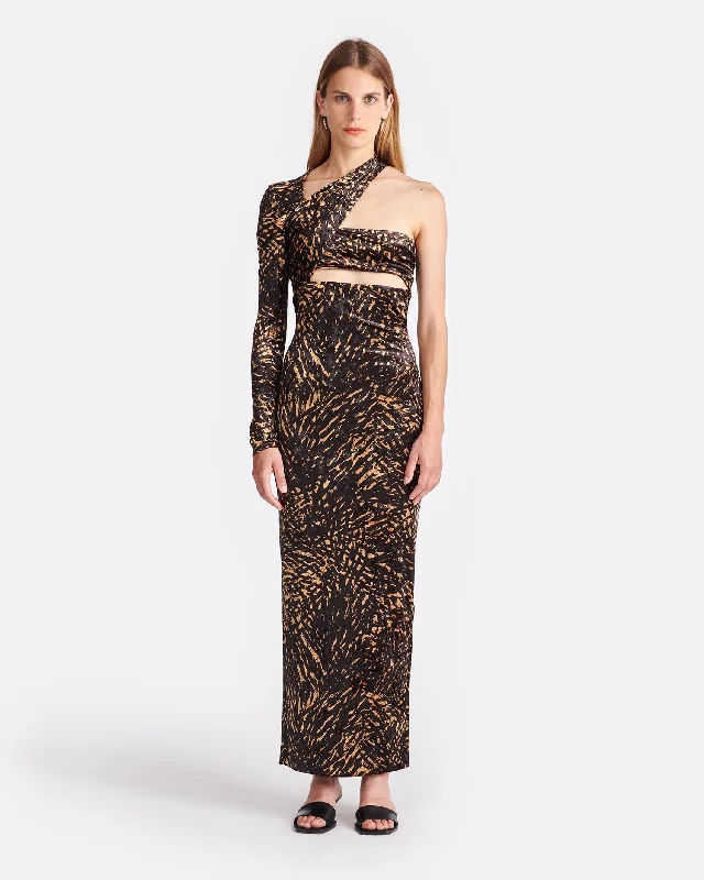 Neave - Asymmetric Crushed Velvet Midi Dress - Fur Stroke Animal Stylish Cold Shoulder Midi Dress Neave - Asymmetric Crushed Velvet Midi Dress - Fur Stroke Animal Stylish Cold Shoulder Midi Dress
