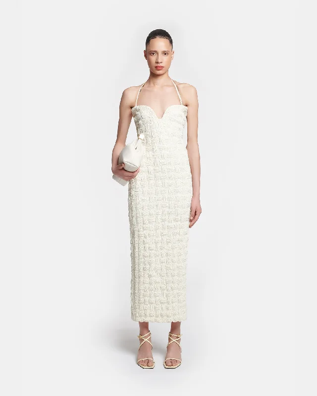 Haylen - Seersucker Tech Linen Midi Dress - Creme Stylish High-Waisted Midi Dress