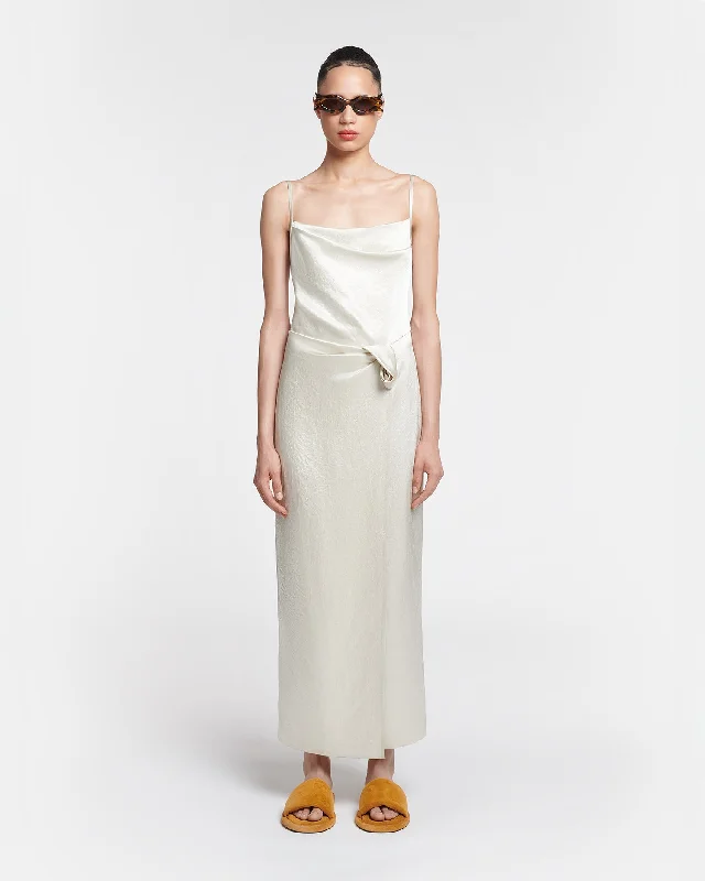 Briar - Ruched Crinkled-Satin Midi Dress - Ecru Trendy A-Line Midi Dress