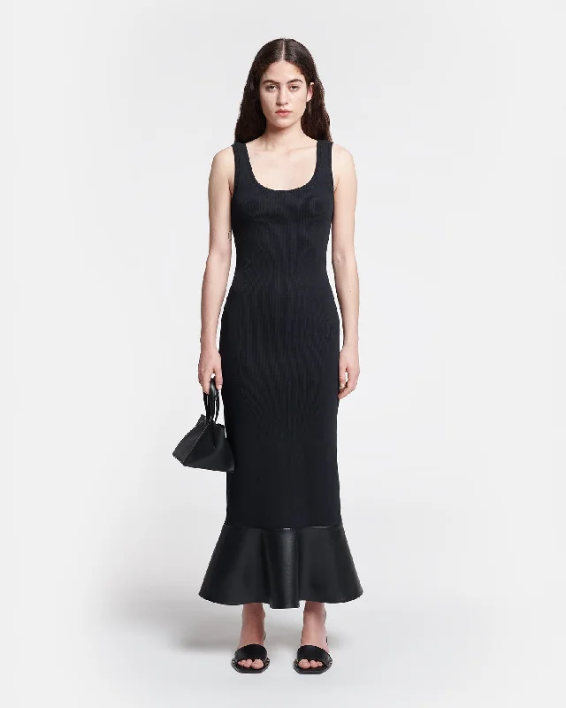 Talulla - Leather-Trimmed Ribbed-Jersey Midi Dress - Black Cozy Ribbed Knit Midi Dress Talulla - Leather-Trimmed Ribbed-Jersey Midi Dress - Black Cozy Ribbed Knit Midi Dress