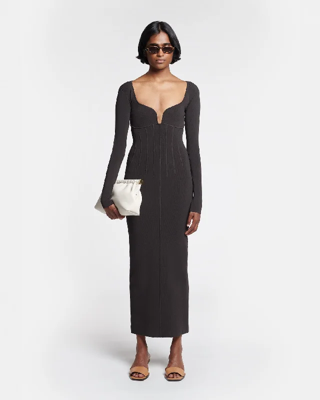 Jerica - Matte Viscose Midi Dress - Anthracite Trendy Smocked Detail Midi Dress