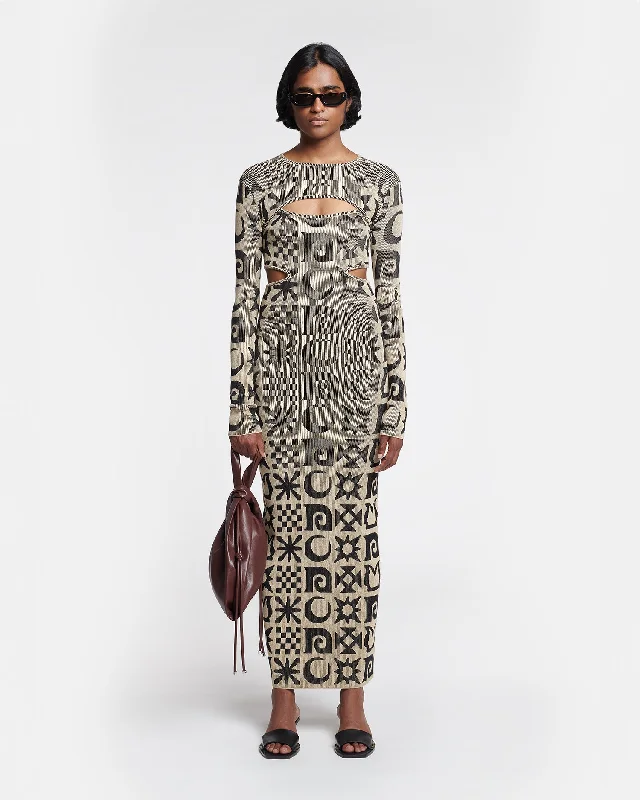 Onika - Cut-Out Rib-Jacquard Midi Dress - Creme/Black Kopjafa Chic Off-Shoulder Midi Dress Onika - Cut-Out Rib-Jacquard Midi Dress - Creme/Black Kopjafa Chic Off-Shoulder Midi Dress