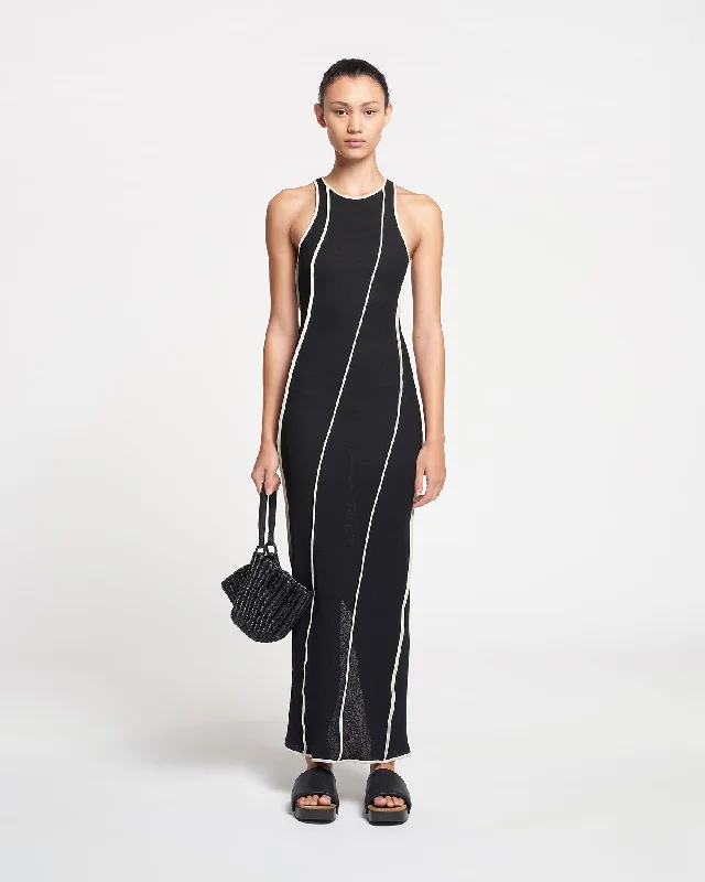 Wanda - Patchwork Mesh-Jersey Midi Dress - Black/White wax Cozy Knit Midi Dress