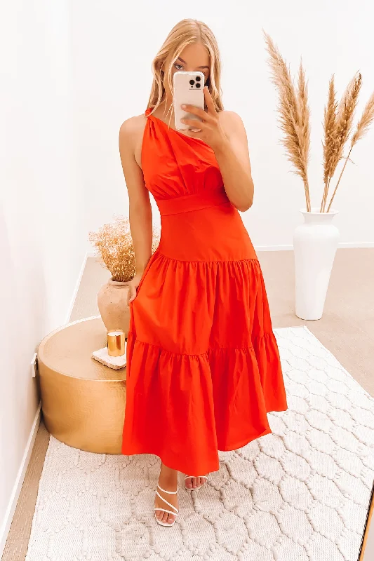 Oaklee Midi Dress Coral Chic Lace Detail Midi Dress