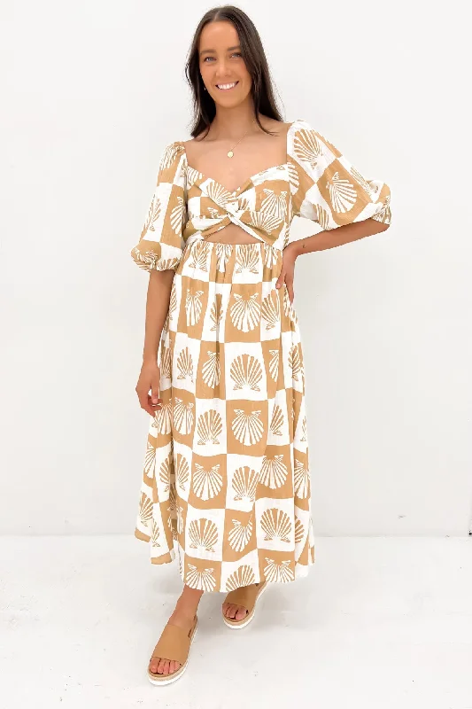 Orielia Midi Dress Tan White Comfortable Geometric Print Midi Dress