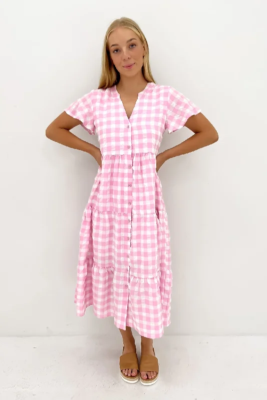Owen Midi Dress Pink Gingham Cozy Ribbed Knit Midi Dress