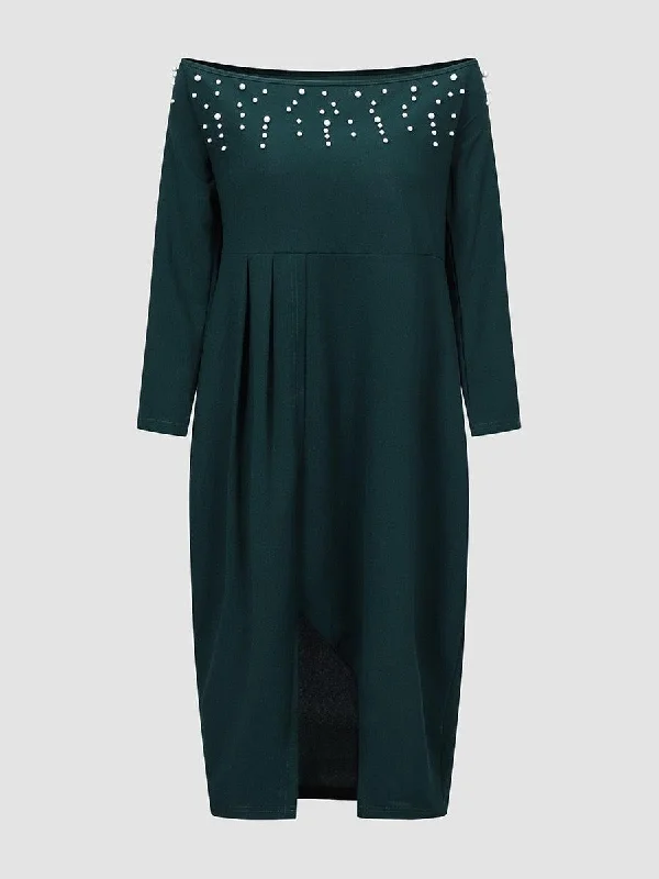 Pearl Beaded Split Thigh Midi Dress Elegant Maxi-Midi Hybrid Dress