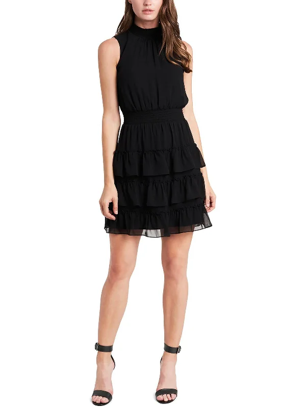 Petites Womens Smocked Ruffled Mini Dress Comfortable Linen Mini Dress