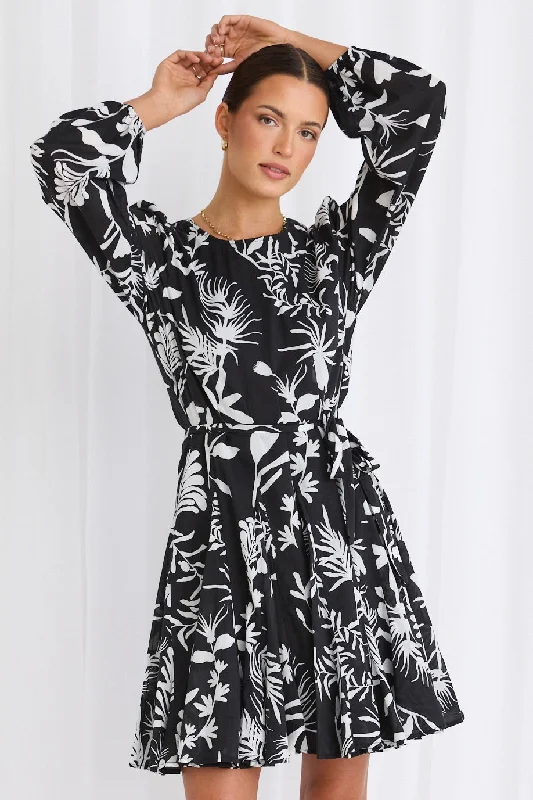 Pixie Black & White LS Flared Mini Dress Cozy T-Shirt Mini Dress