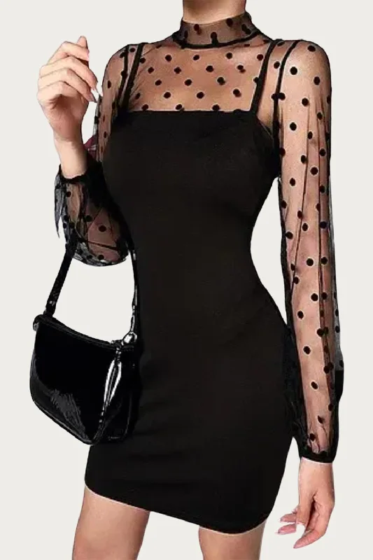 Polka Dot Mesh Sleeve Mini Dress In Black Elegant Lace Mini Dress