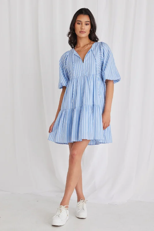 Provocation Blue Stripe Frill Hem Half Sleeve Smock Mini Dress Comfortable One-Shoulder Mini Dress