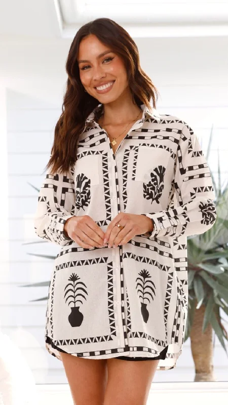 Raffaello Long Sleeve Mini Dress - White / Black Print Elegant Vintage Mini Dress