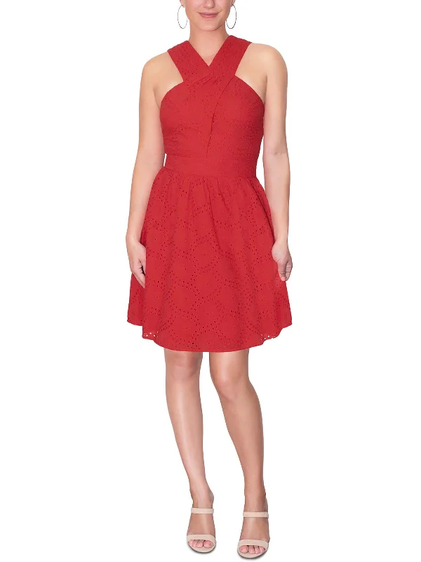 Raven Womens Eyelet Halter Mini Dress Casual Button-Up Mini Dress