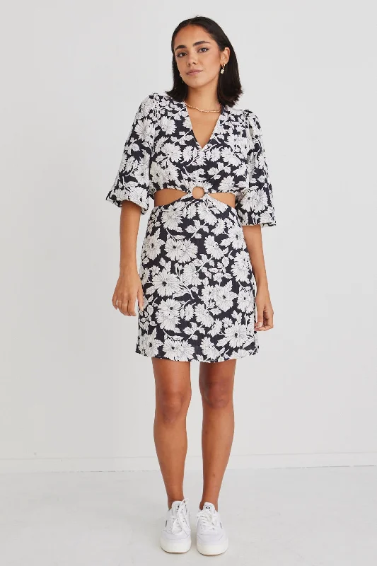 Roller Floral Silhouette LS Cut Out Mini Dress Casual Button-Up Mini Dress