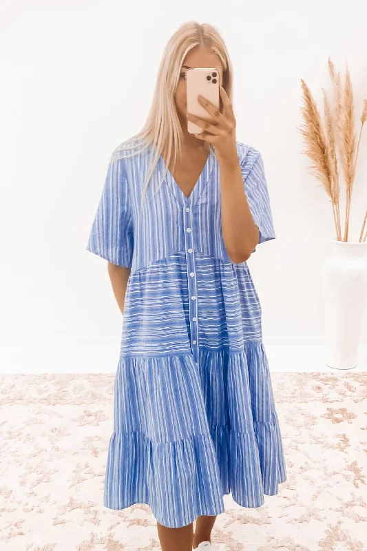 Rosalie Midi Dress Blue Elegant V-Neck Midi Dress