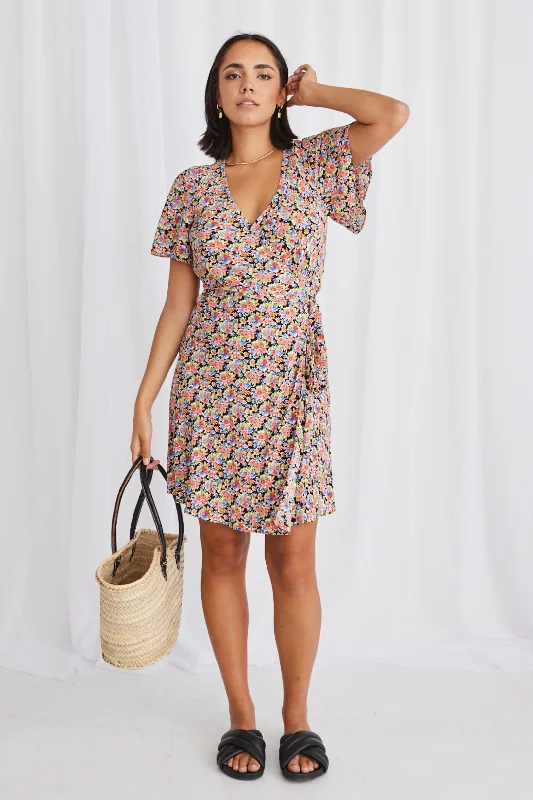 Royals Black Garden SS Wrap Mini Dress Classic Casual Mini Dress