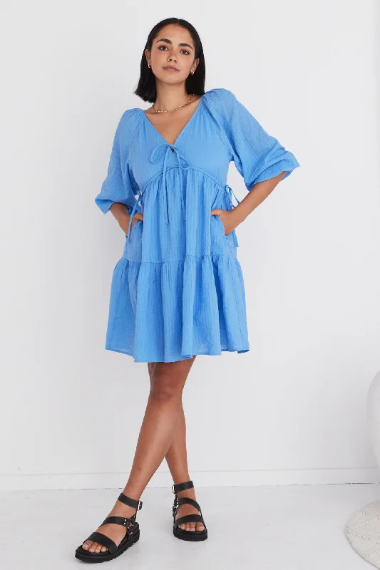 Run Free French Blue Puff SS Shirred Bodice Tiered Mini Dress Cozy A-Line Mini Dress