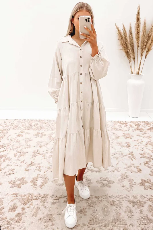 Sadey Midi Dress Beige Trendy Ruffle Hem Midi Dress