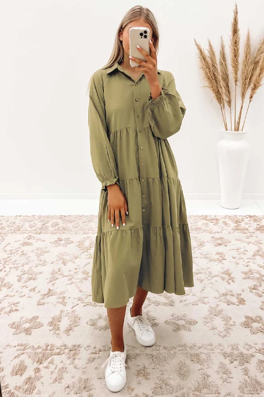 Sadey Midi Dress Khaki Elegant Floral Appliqué Midi Dress