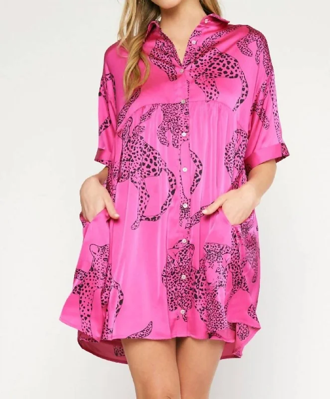 Satin Cheetah Mini Dress In Hot Pink Stylish Short Sleeve Mini Dress