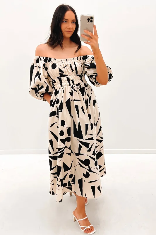 Seb Midi Dress Beige Black Stylish Long Sleeve Floral Midi Dress