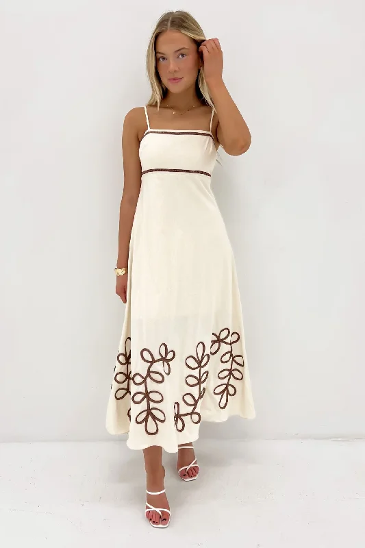 Selena Midi Dress Beige Brown Cozy Spaghetti Strap Midi Dress