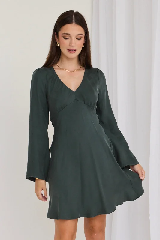 Solstice Forest Cupro Blend LS Mini Dress Modern Satin Mini Dress