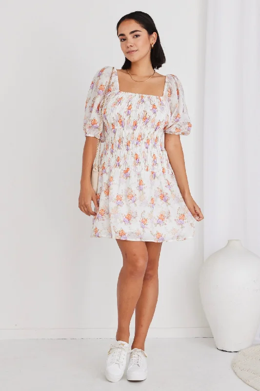 Sol White Bright Floral Puff Sleeve Mini Dress Trendy Off-Shoulder Dress Mini