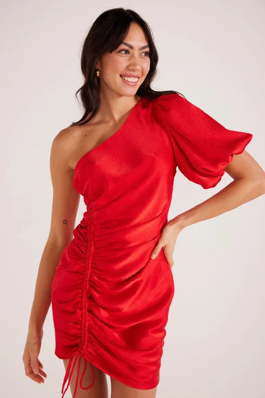 Sonia Red Satin One Shoulder Mini Dress Cozy Knitted Mini Dress