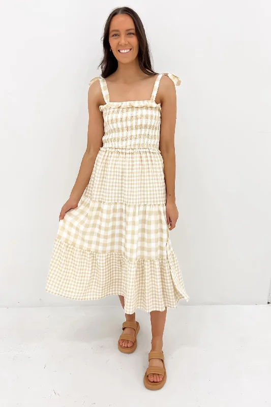Sonny Midi Dress Beige Gingham Comfortable Draped Midi Dress